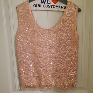 VINTAGE BAMBERGER'S SEQUINED PINK SLEEVELESS TOP W/FRINGE - SIZE SMALL